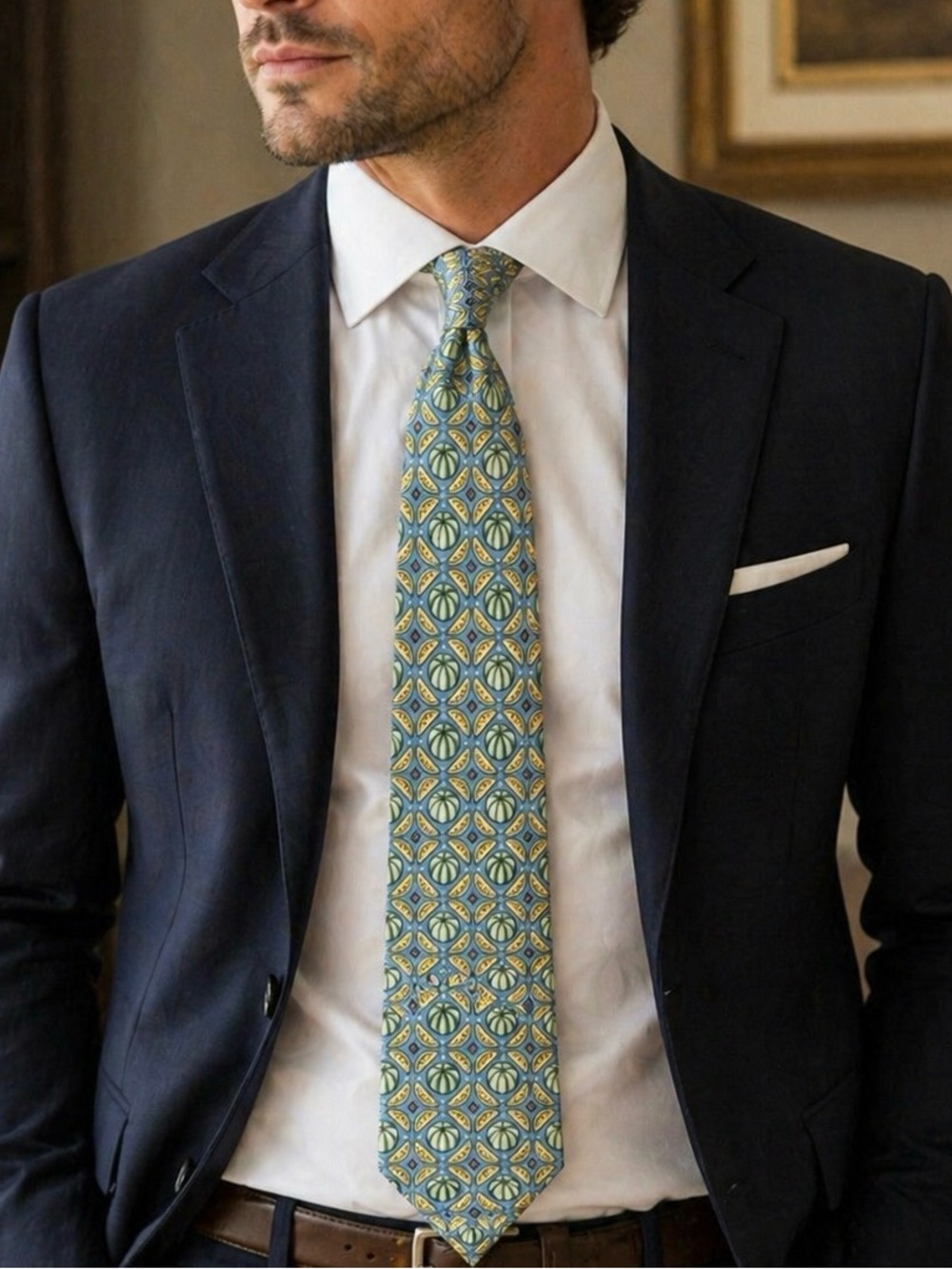 Hermès Paris 100% Silk Tie Blue Fruit Melon Novelty Print Made in France